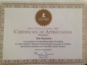 Nia Harmon Certificate of Appreciation